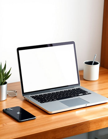 Laptop with blank screen on wooden table with coffee cup and smartphone