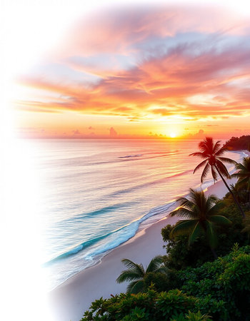 Beautiful sunset on the tropical beach. Colorful sky and sea.