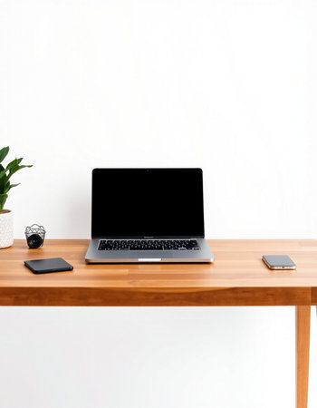 Laptop computer on wood table and white wall background, stock photo