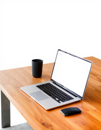 Laptop and coffee cup on wooden table isolated on white background.