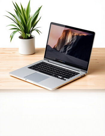 Laptop with blank screen on wooden table with white wall and plantの写真素材