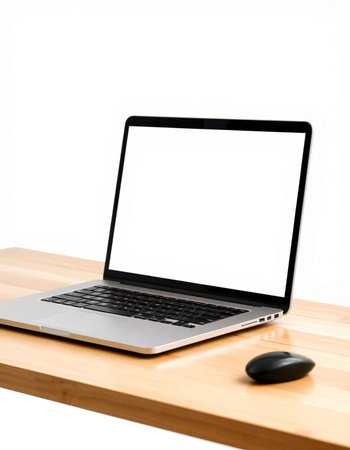 Laptop computer with blank screen on wood table isolated on white background