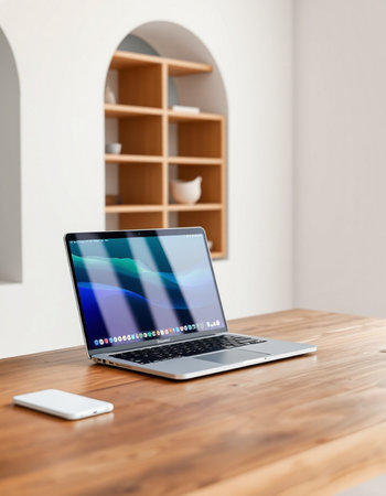 Laptop on a wooden table in a room with a bookcase