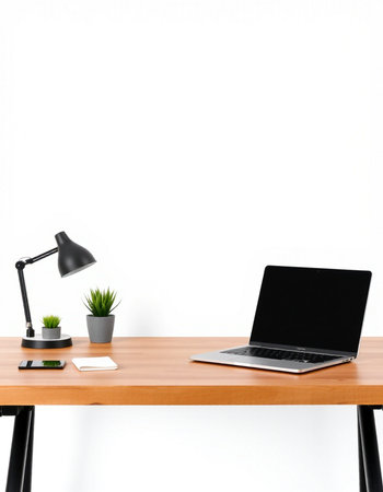 workplace with laptop, lamp and plant on table isolated on white