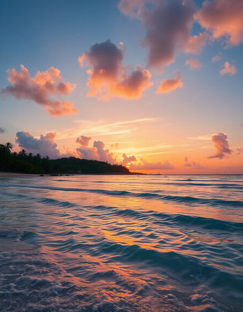 Beautiful sunset on the beach. Maldives, Indian Ocean.