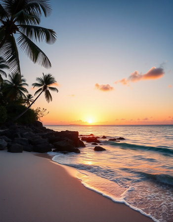 Beautiful sunset on the paradise beach with palm trees and rocks.の写真素材