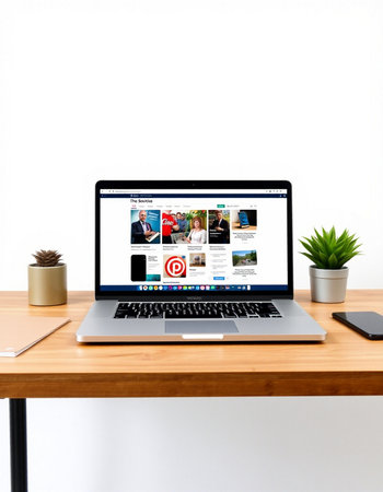laptop on wood desk with social media website on screen isolated on white backgroundの写真素材