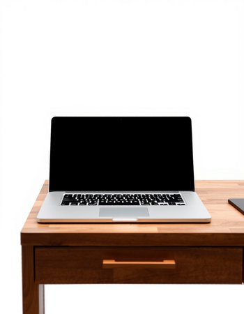 Laptop with blank screen on wooden desk isolated on white background.