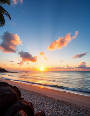 Beautiful sunset on the beach at Seychelles, Maheの写真素材