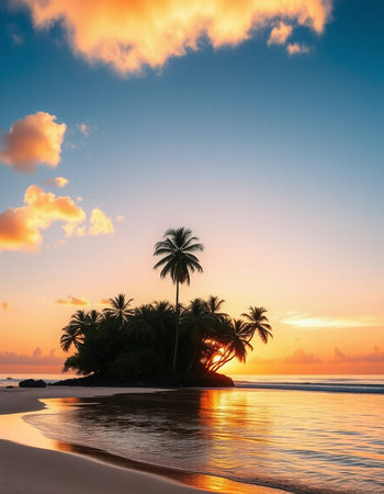 Tropical beach with palm trees at sunset, Seychellesの写真素材