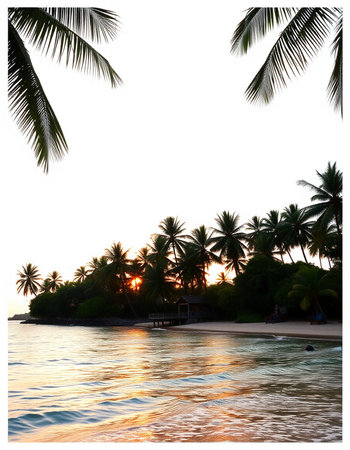 Beautiful sunset on a tropical island with palm trees in the foregroundの写真素材