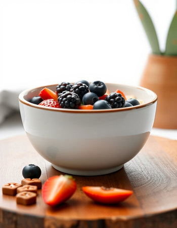 bowl of oatmeal with fresh berries on wooden table, closeupの写真素材