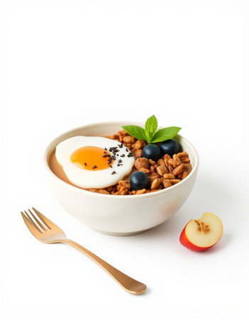 Bowl of granola with egg and blueberries on white backgroundの写真素材