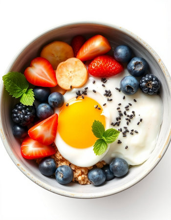 Healthy breakfast bowl with oatmeal, berries, eggs and yogurt.の写真素材