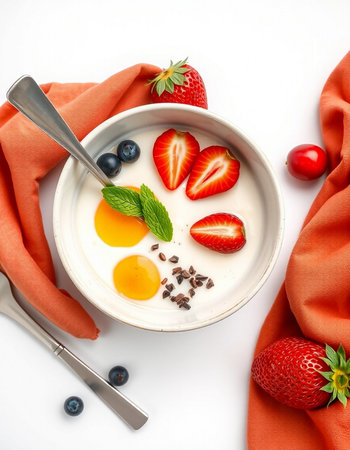 Yogurt with strawberries and blueberries on a white background.の写真素材