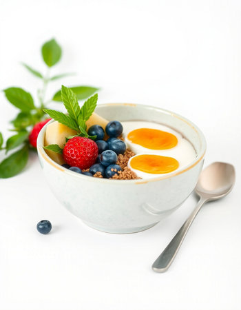 Healthy breakfast with yogurt, berries and eggs on a white background