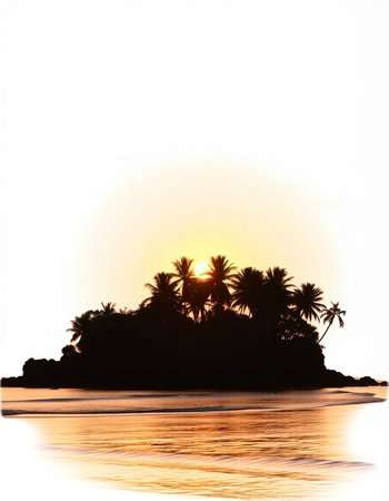 Silhouette of a tropical island with palm trees at sunset.