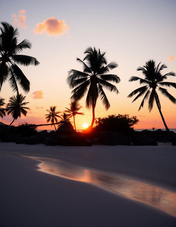 Beautiful Silhouette palm tree with sunset on the beach - Vintage Filterの写真素材