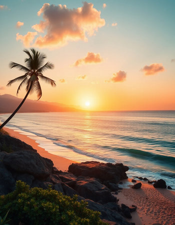 Tropical beach with palm tree at beautiful sunset. Nature backgroundの写真素材