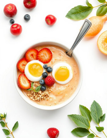 Bowl of oatmeal porridge with fresh berries on white background