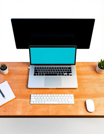Laptop on wooden table with blank screen for your text or image