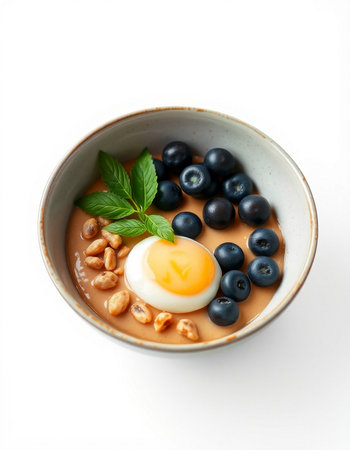 Blueberry porridge with soft-boiled egg and fresh berriesの写真素材