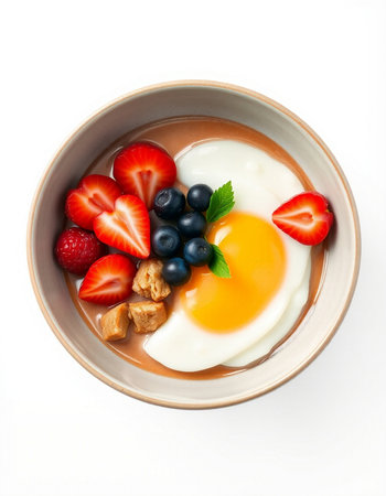 Breakfast bowl with omelet, strawberries, blueberries and walnutsの写真素材