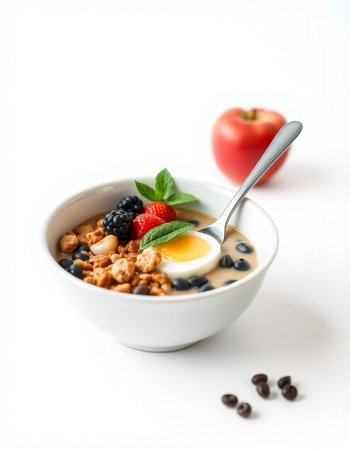 Bowl of oatmeal with fresh berries and egg on white backgroundの写真素材