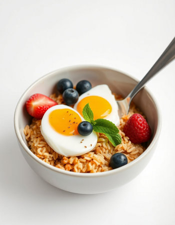Healthy breakfast - oatmeal with egg and berries on white background