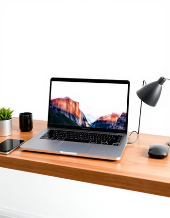 Laptop on wooden desk with white background. 3d rendering.