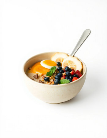 Healthy breakfast - oatmeal with fresh berries and egg on white backgroundの写真素材