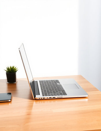 Laptop on wooden desk with white wall background, clipping path includedの写真素材