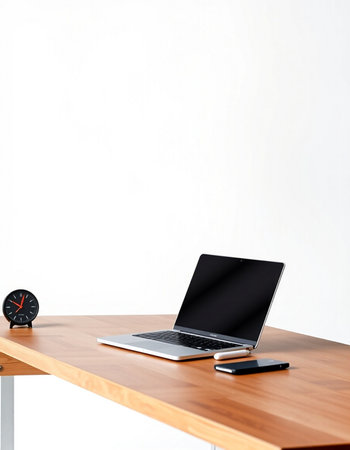 Laptop on a wooden table with a clock on a white background