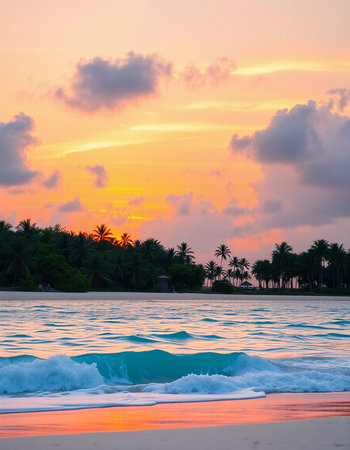 Beautiful tropical beach and sea with coconut palm tree at sunset time - Holiday Vacation concept