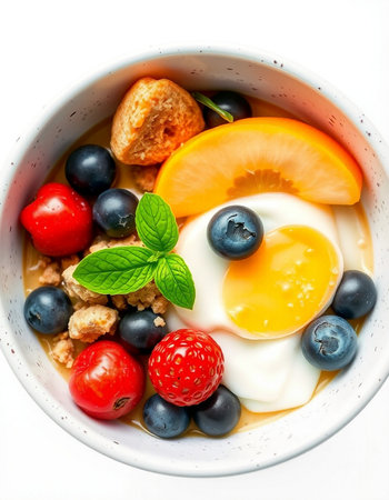 Healthy breakfast with muesli, yogurt and fruits isolated on white