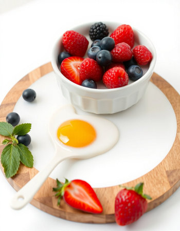 Bowl of fresh berries with egg on white background, closeupの写真素材