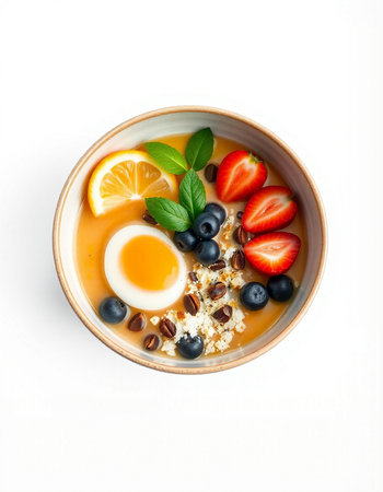 Healthy breakfast bowl with oatmeal, strawberries, blueberries and soft-boiled eggの写真素材