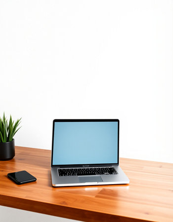 Laptop with blank screen on wood table and white wall background.の写真素材