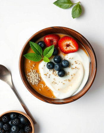 Yogurt with blueberries and strawberries in a wooden bowl on a white background