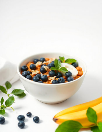 Healthy breakfast with oatmeal, blueberries and milk on white backgroundの写真素材