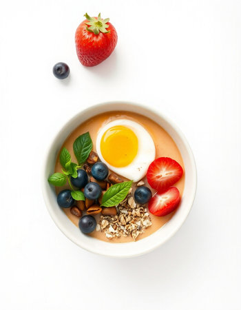 Healthy breakfast bowl with oatmeal, berries and egg yolk