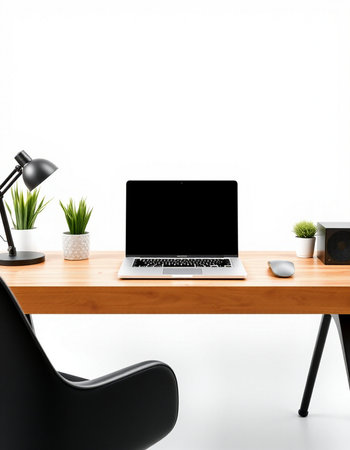 Modern workspace with blank screen laptop computer on wooden desk. 3d renderの写真素材