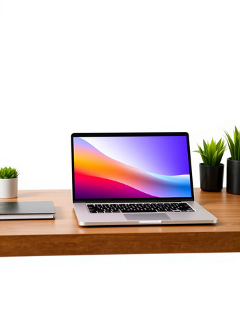 Modern laptop on wood desk isolated on white background with clipping path.