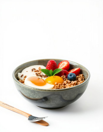 Bowl of oatmeal with fresh berries and fried egg on white background