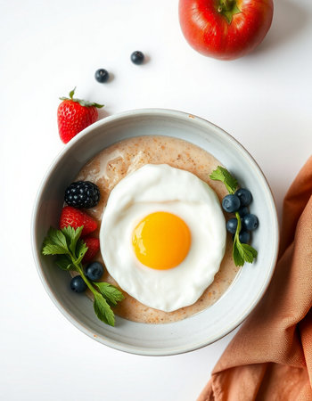 Healthy breakfast. Oatmeal porridge with fried egg and berries on white backgroundの写真素材