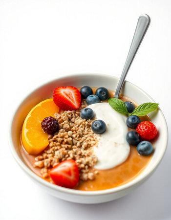 bowl of muesli with yogurt and fresh berries on white background