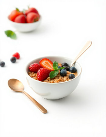bowl of oatmeal with fresh berries on white background, healthy breakfast