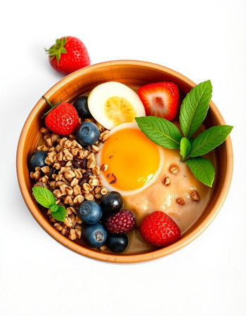 Bowl of oatmeal porridge with fresh berries and egg.