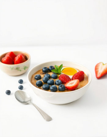 Healthy breakfast. Oatmeal porridge with fresh berries on white backgroundの写真素材