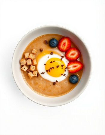 A bowl of oatmeal porridge with egg and berries isolated on a white background